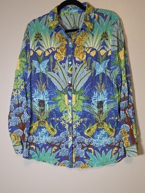 J McLaughlin Women's Blue Tropical Print Button-Up Shirt Tigers Cranes Panther